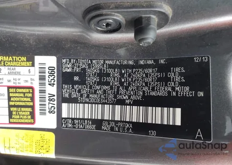2014 Toyota Sienna Xle V6 8 Passenger z USA, uszkodzony, nr VIN 5TDYK3DC0ES443577